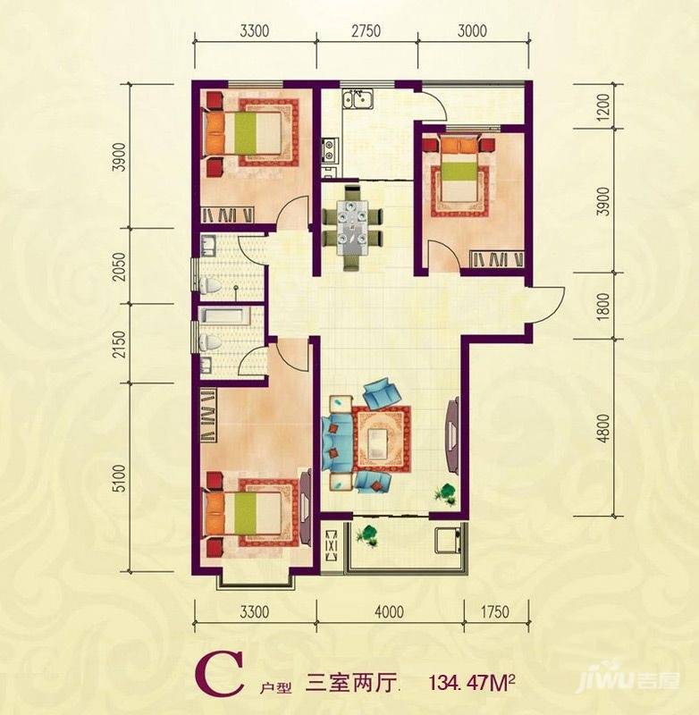 鑫龙湾3室2厅2卫134.5㎡户型图