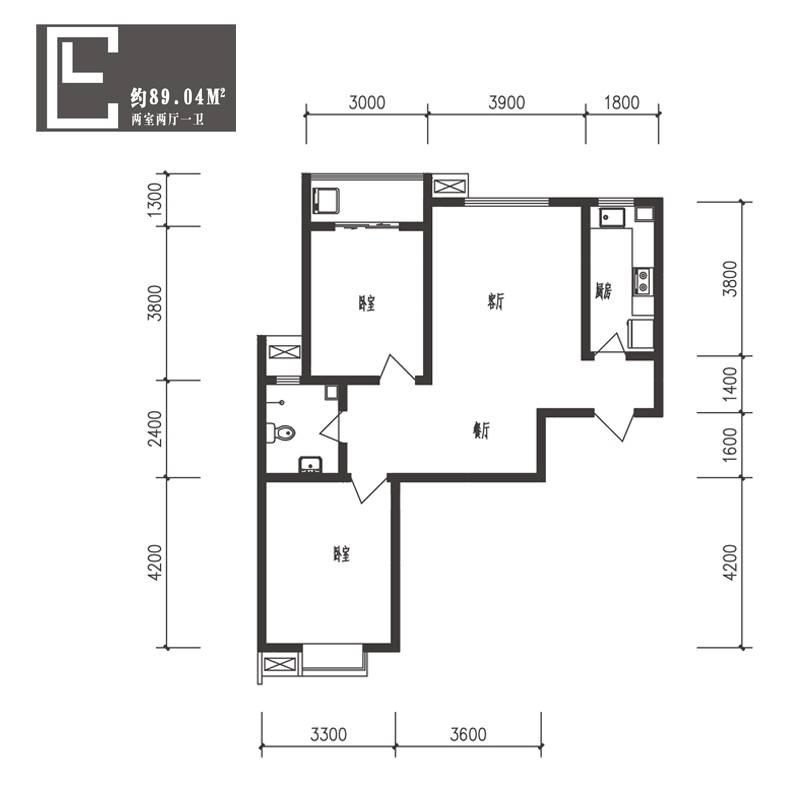 竹境2室2厅1卫89㎡户型图