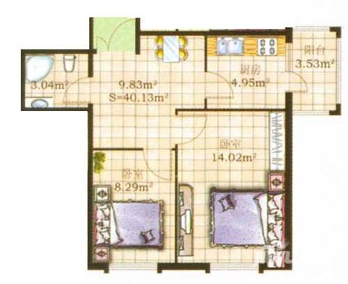 闻达绿都2室1厅1卫40.1㎡户型图