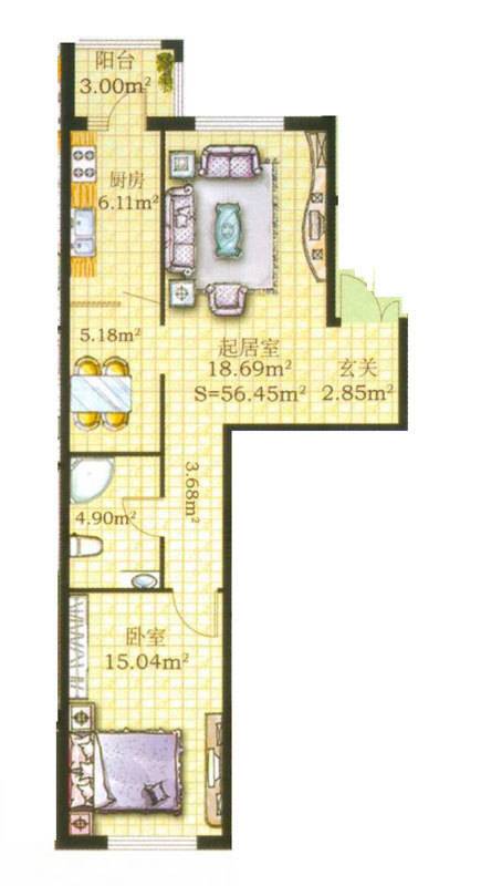 闻达绿都2室2厅1卫56.5㎡户型图