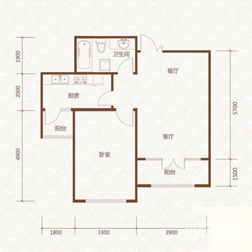 群力玫瑰湾1室2厅1卫48.8㎡户型图