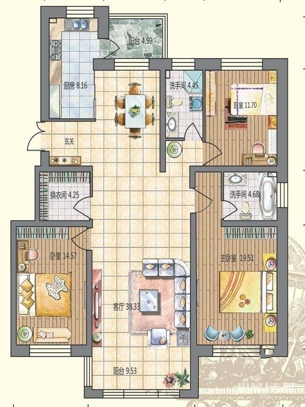 明悦浪漫城3室2厅2卫115.5㎡户型图