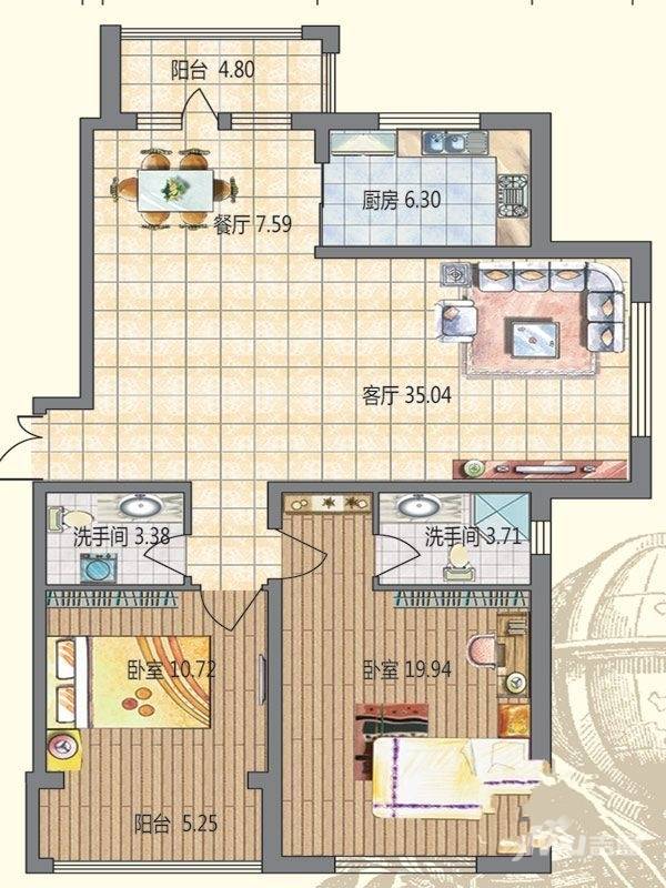 明悦浪漫城2室2厅2卫86.8㎡户型图