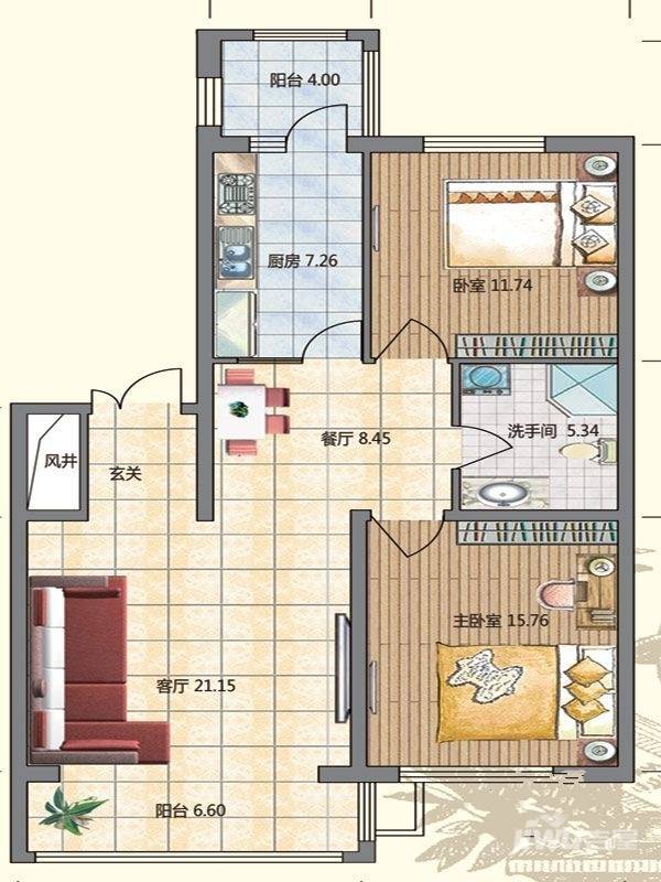 明悦浪漫城2室2厅1卫69.7㎡户型图