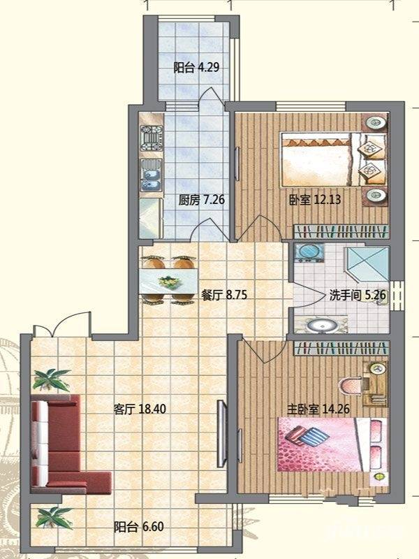 明悦浪漫城2室2厅1卫66.1㎡户型图