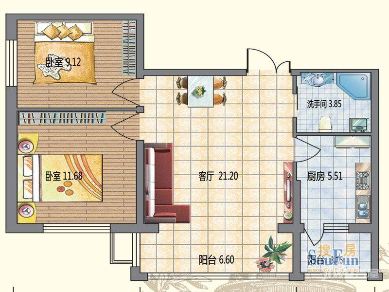 明悦浪漫城2室2厅1卫51.4㎡户型图