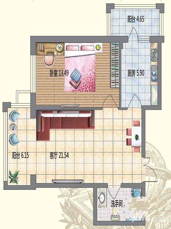 明悦浪漫城1室1厅1卫44.9㎡户型图