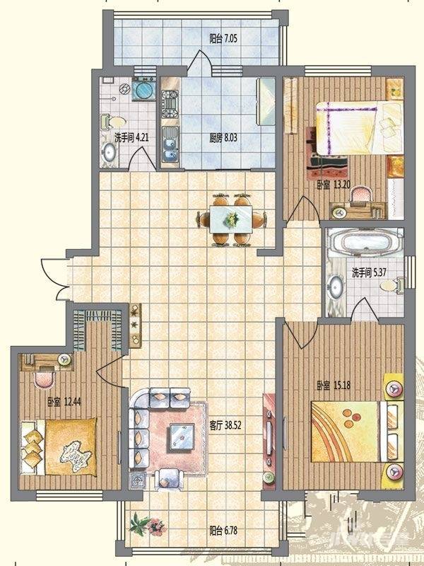 明悦浪漫城3室2厅2卫98.3㎡户型图