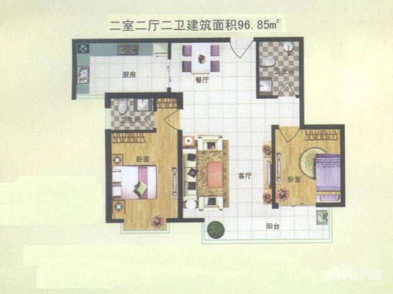 北城山水2室2厅2卫96.8㎡户型图