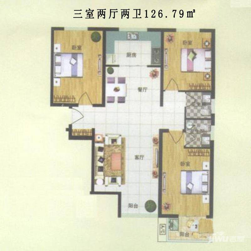 北城山水3室2厅2卫126.8㎡户型图