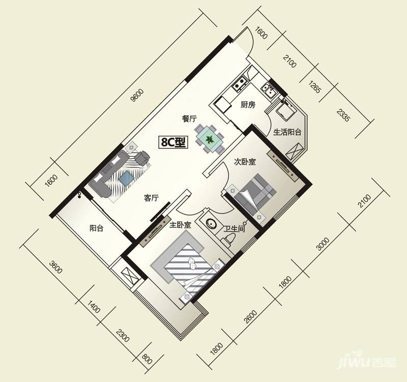 威尔士春天2室2厅1卫87.3㎡户型图