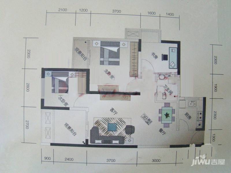 威尔士春天3室2厅1卫91.2㎡户型图