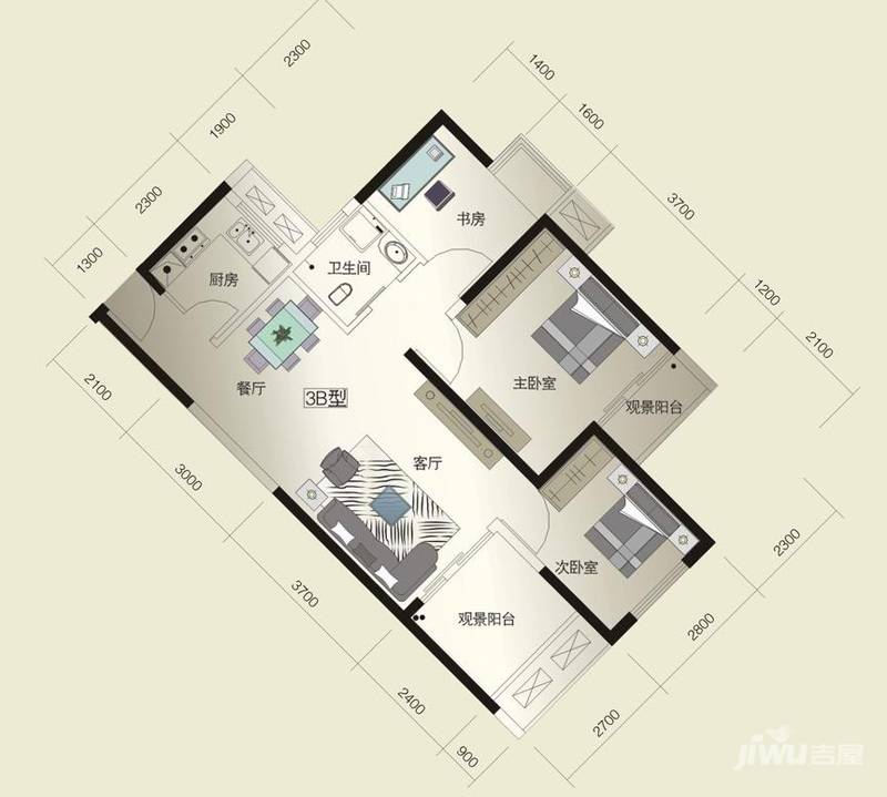 威尔士春天3室2厅1卫89.4㎡户型图