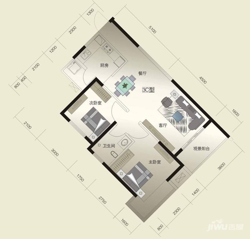 威尔士春天2室2厅1卫82.3㎡户型图