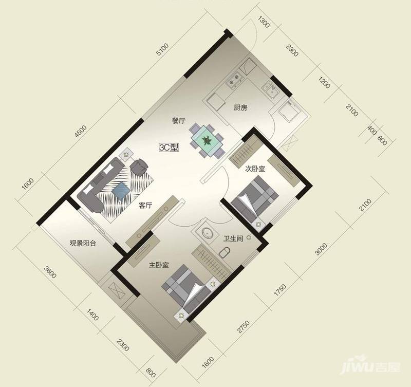 威尔士春天2室2厅1卫82.3㎡户型图