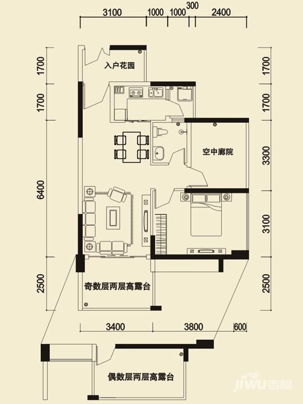 信义荔山公馆1室2厅1卫73.4㎡户型图