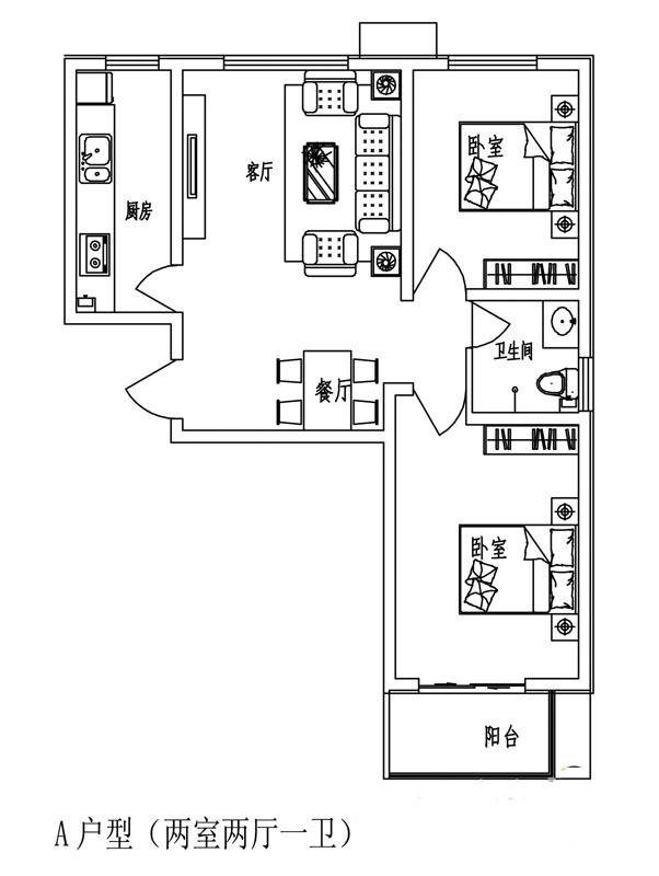 石门福地2室2厅1卫89㎡户型图