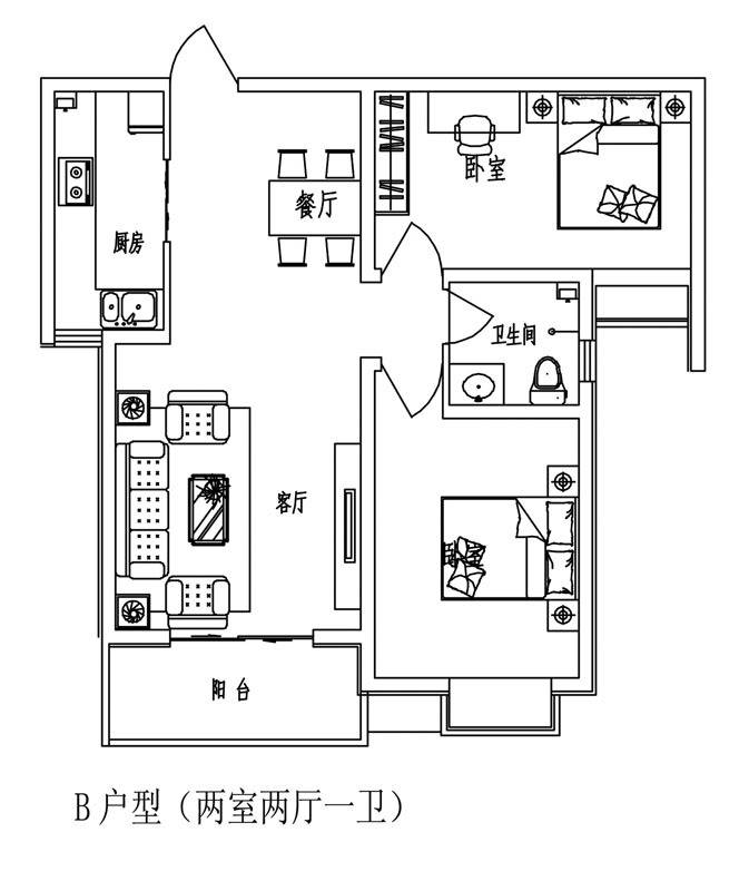 石门福地2室2厅1卫92㎡户型图