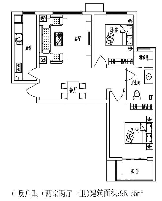 石门福地1室2厅1卫95.7㎡户型图