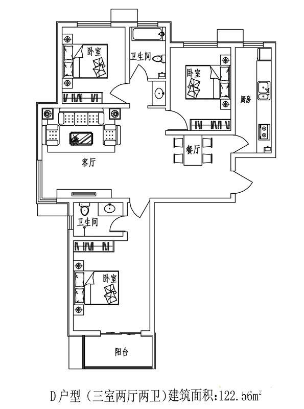 石门福地3室2厅2卫122.6㎡户型图