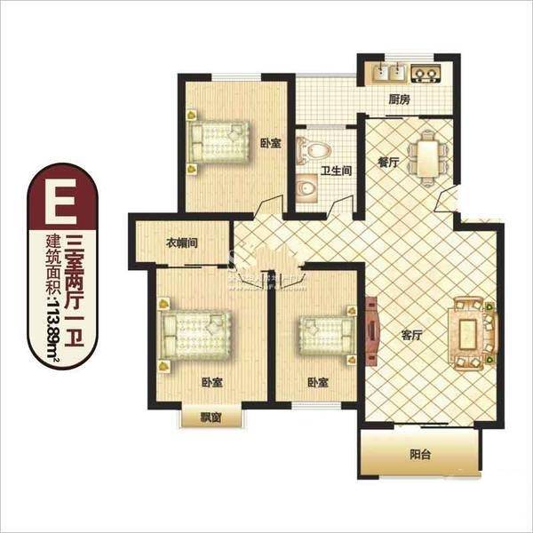 新核心睿智楠园3室2厅1卫113.9㎡户型图