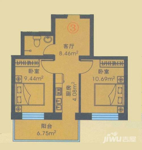 应赫金海城2室1厅1卫47.6㎡户型图