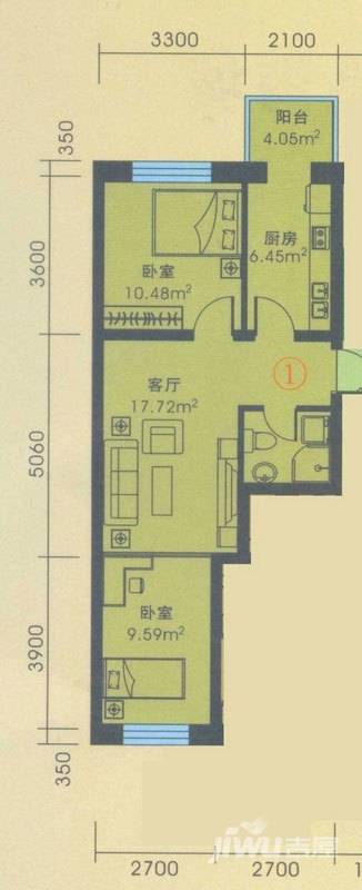 应赫金海城2室1厅1卫47.8㎡户型图