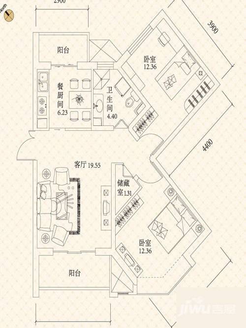 悦城2室1厅1卫56.2㎡户型图