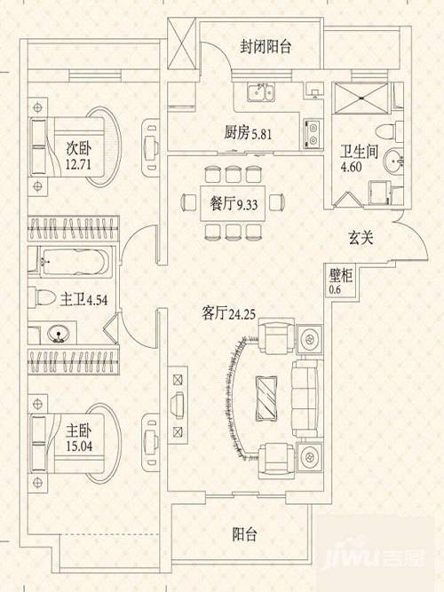 悦城2室2厅2卫76.9㎡户型图