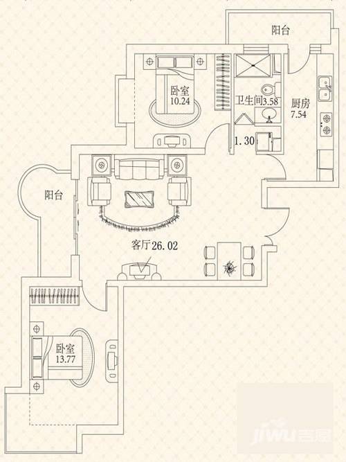 悦城2室2厅1卫62.5㎡户型图