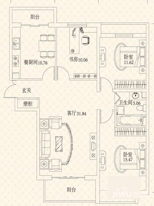 悦城3室1厅1卫84.8㎡户型图