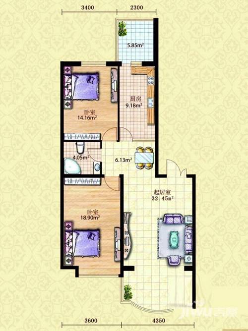 观江首府2室2厅1卫84.9㎡户型图