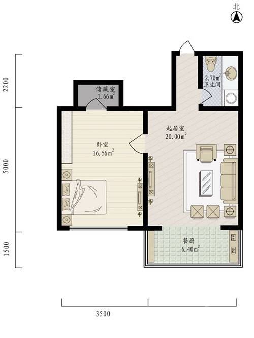 丽兹江畔1室1厅1卫47.3㎡户型图