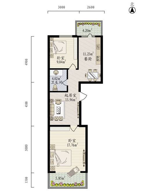 丽兹江畔2室1厅1卫61.9㎡户型图