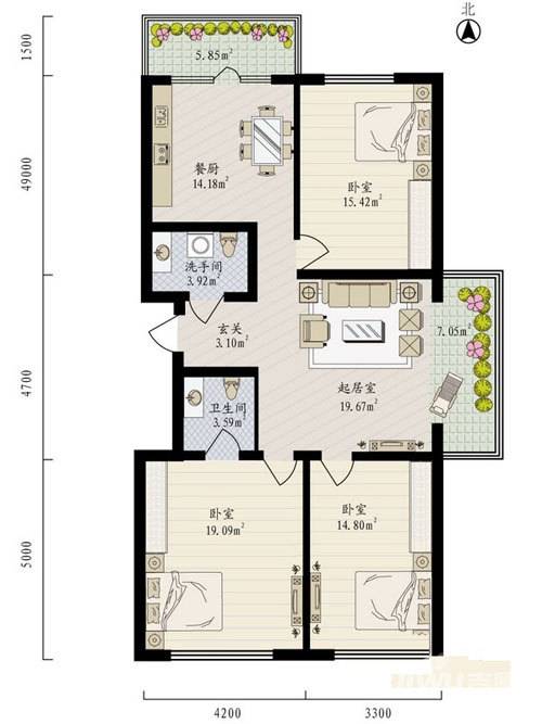 丽兹江畔3室1厅2卫100.8㎡户型图