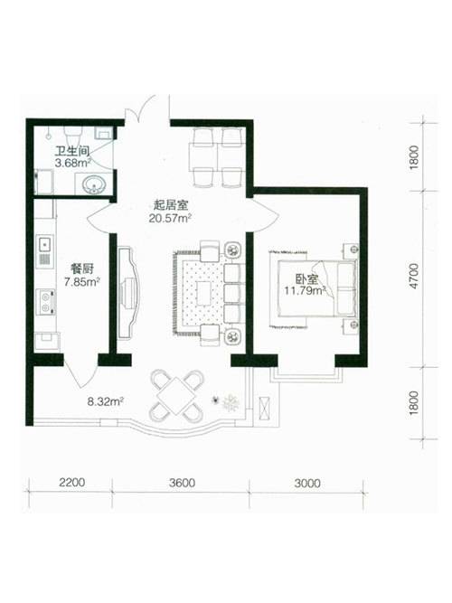 南极国际维也纳花1室1厅1卫43.9㎡户型图