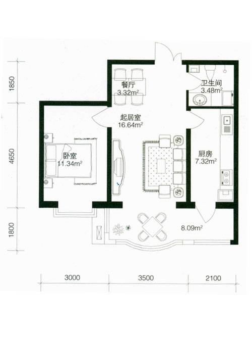 南极国际维也纳花1室1厅1卫43.9㎡户型图