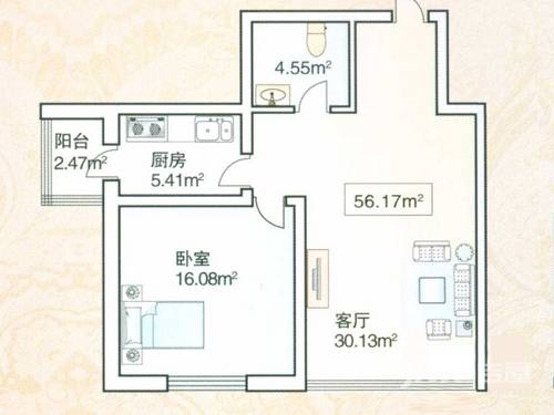 绿海华庭1室1厅1卫56.2㎡户型图