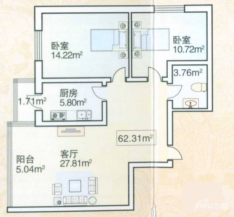 绿海华庭2室1厅1卫62.1㎡户型图