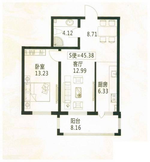 怡园绿景1室2厅1卫45.4㎡户型图