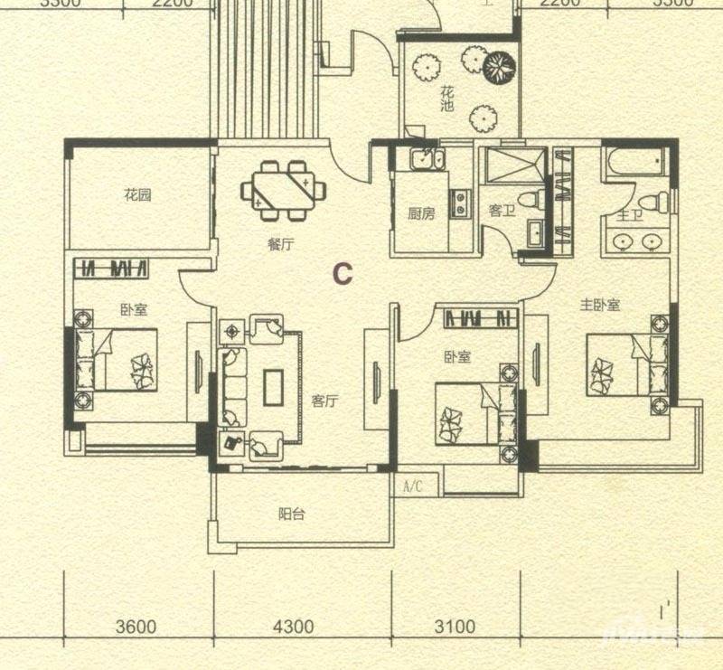 兆阳御花园3室2厅2卫134.5㎡户型图