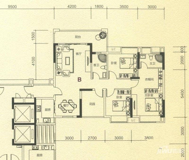 兆阳御花园3室2厅2卫131.4㎡户型图