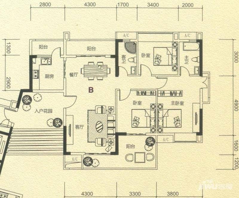 兆阳御花园3室2厅2卫146.7㎡户型图