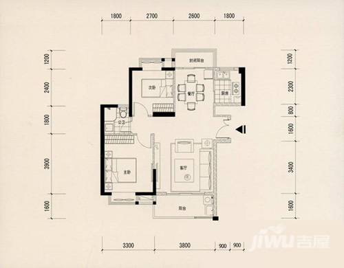 住宅莲花尚院2室2厅1卫89.3㎡户型图