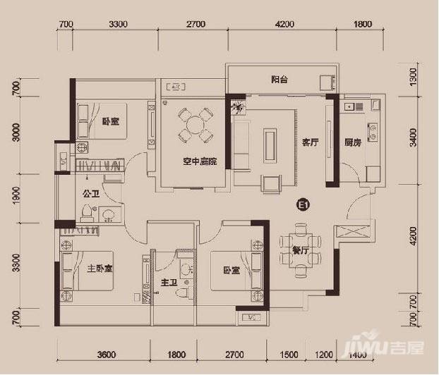 金地外滩8号4室3厅3卫114.3㎡户型图