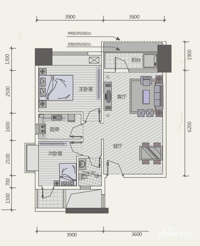 极目楚天2室2厅1卫72.8㎡户型图