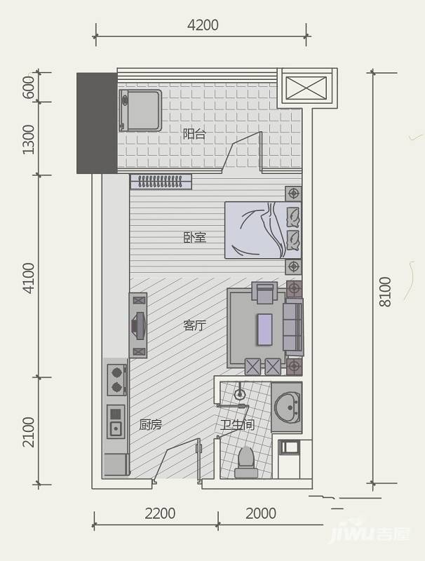 极目楚天1室1厅1卫37.4㎡户型图