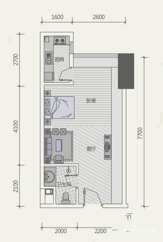 极目楚天1室1厅1卫39.4㎡户型图