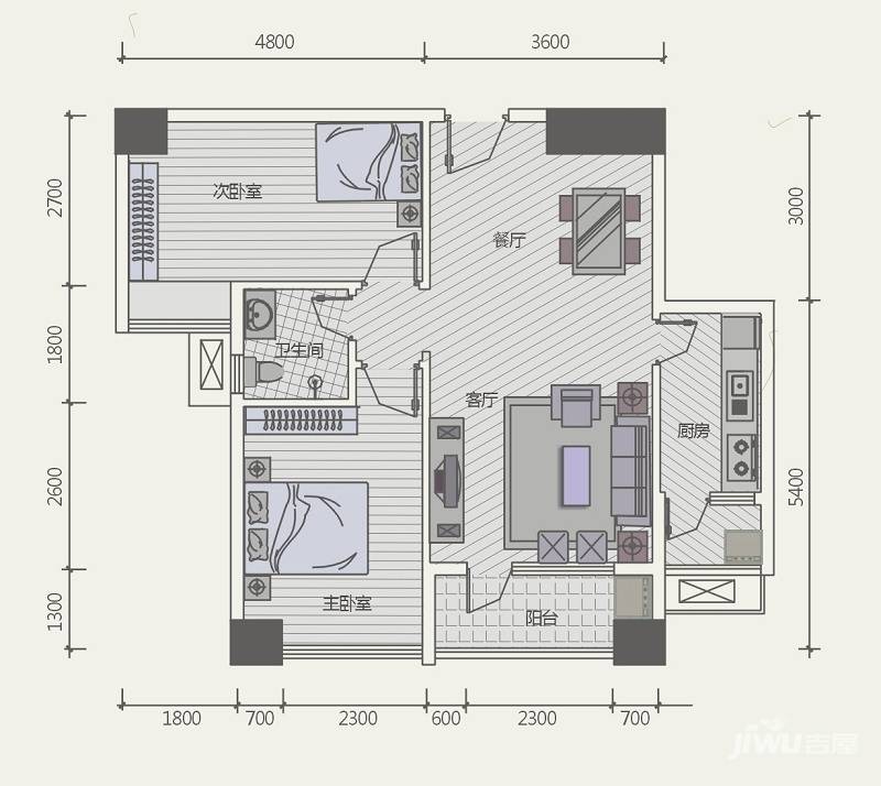 极目楚天2室2厅1卫77.5㎡户型图