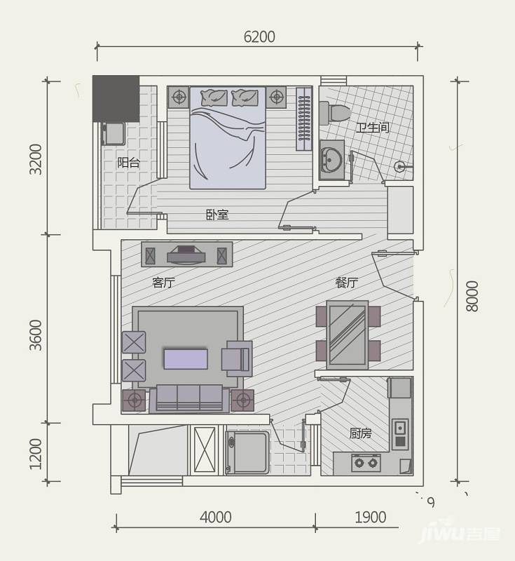 极目楚天1室2厅1卫59.7㎡户型图